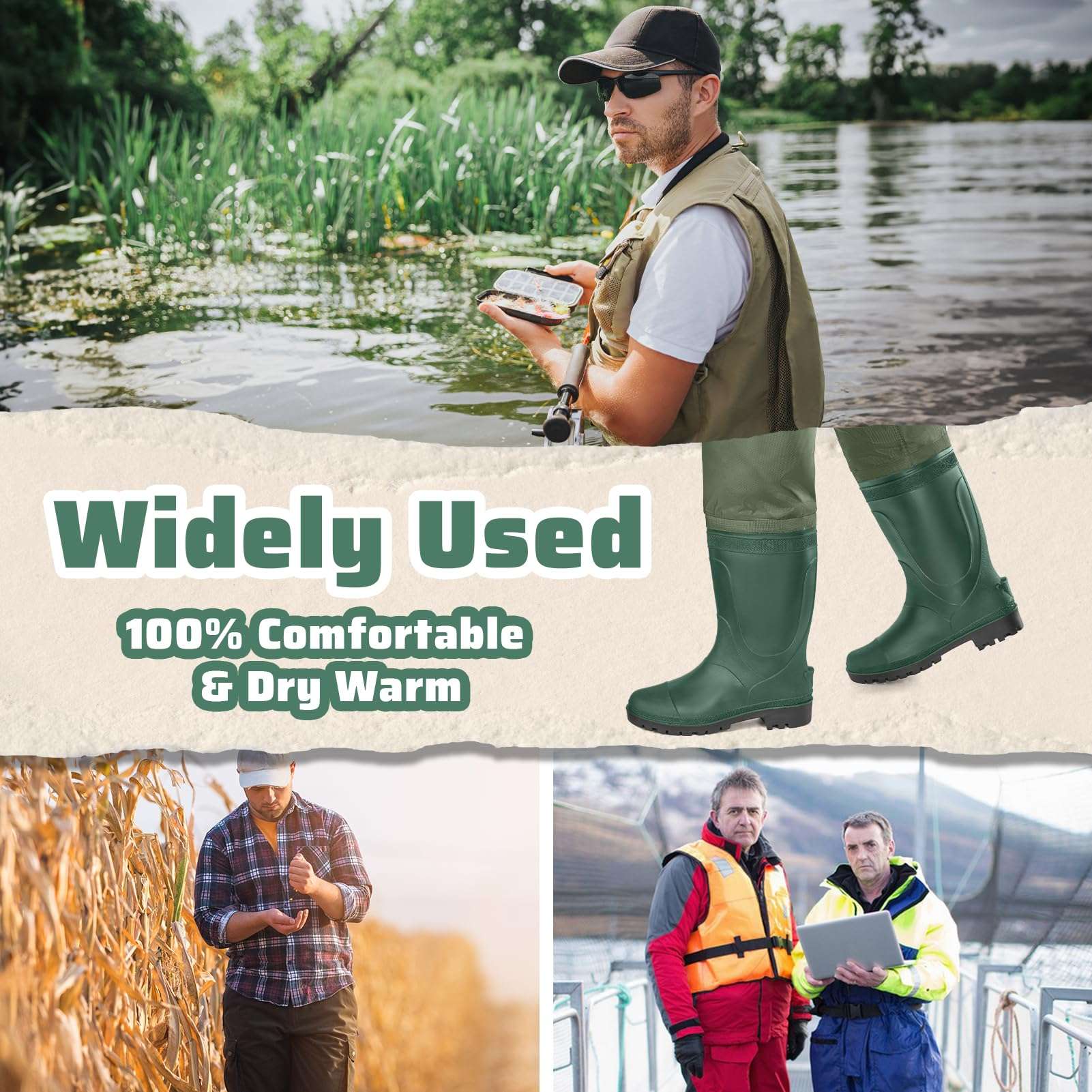 alt="Trudave StreamFlex Series hip waterproof waders with boots shown in multi-scene use including fishing, hunting, and farm work, highlighting 100% waterproof protection, durable heat-welded seams, and slip-resistant sole for versatile outdoor performance"